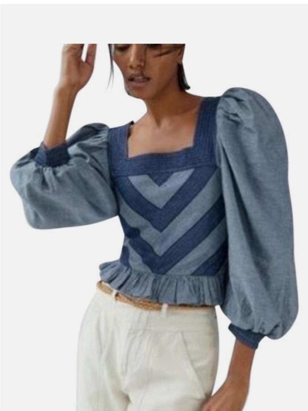 Anthropologie Love The Label Smocked Puff-Sleeve Cropped Blouse
Blue XS. NWOT